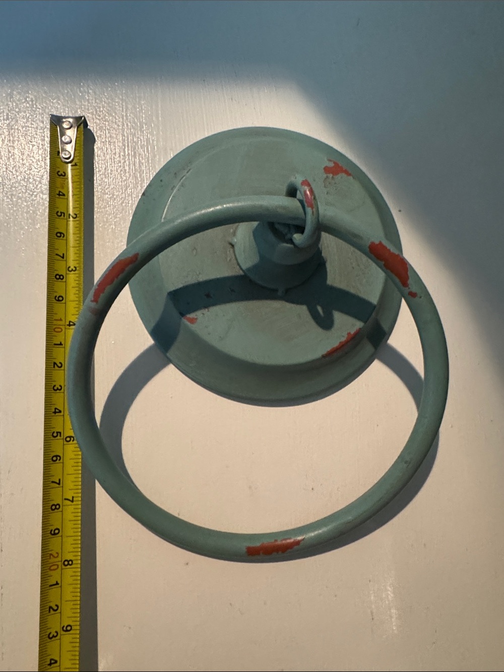 Distressed Teal Green Metal Towel Ring with Rust Paint Accents - Picture 3 of 3